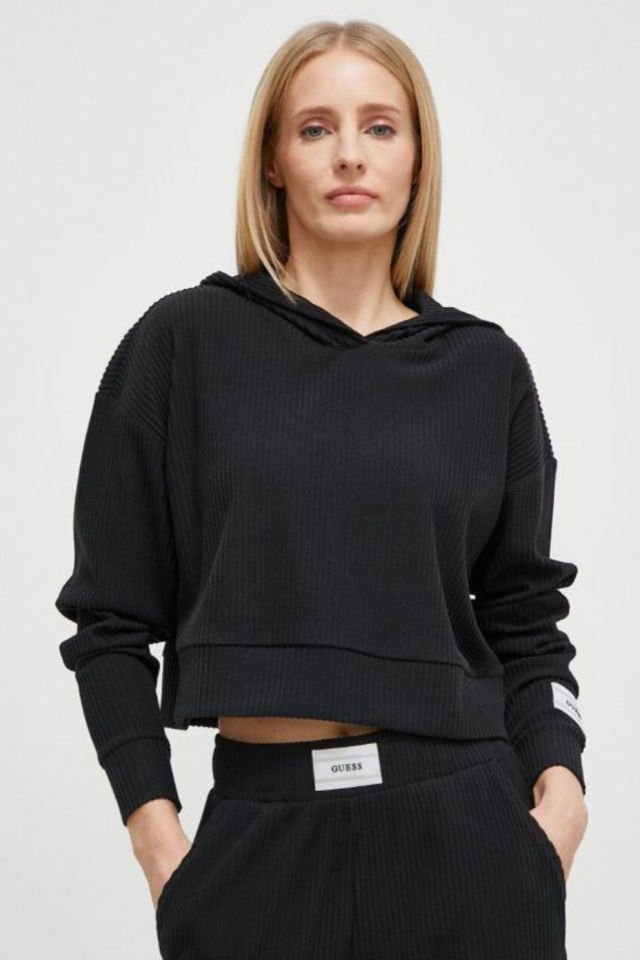 Guess Rıbbed Hoodıe Kadın Sweatshırt Siyah