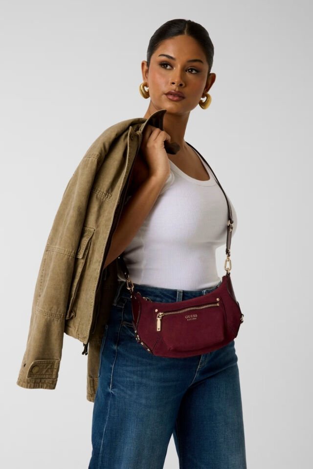 Guess Hakiki Deri Marsha Mini Çapraz Çanta Bordo