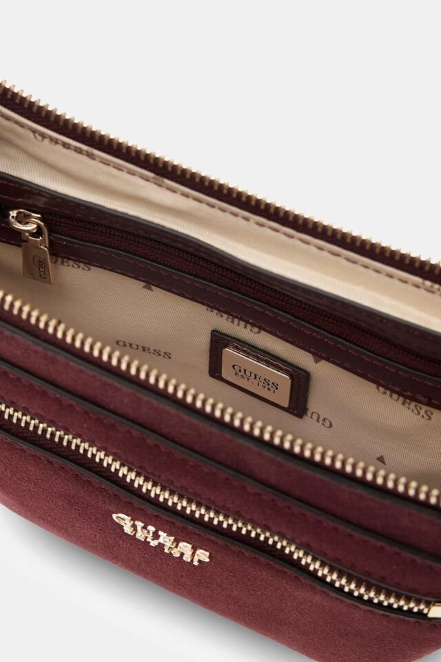 Guess Hakiki Deri Marsha Mini Çapraz Çanta Bordo