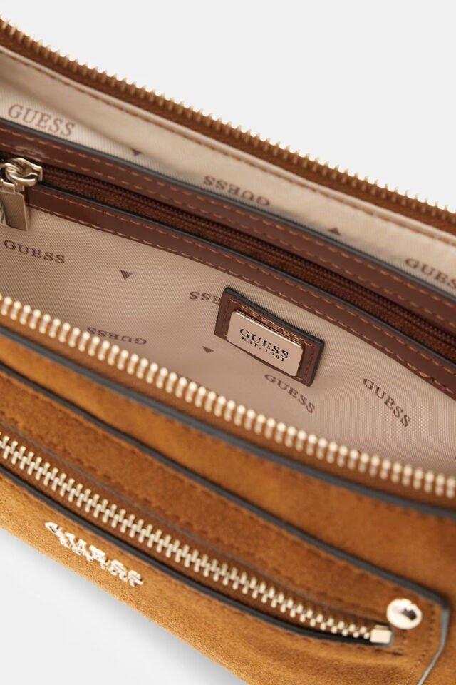 Guess Hakiki Deri Marsha Mini Çapraz Çanta Kahverengi