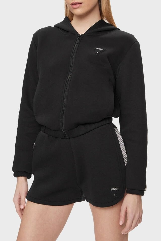 Guess Kiara Scuba Kapüşonlu Crop Bayan Sweat Siyah