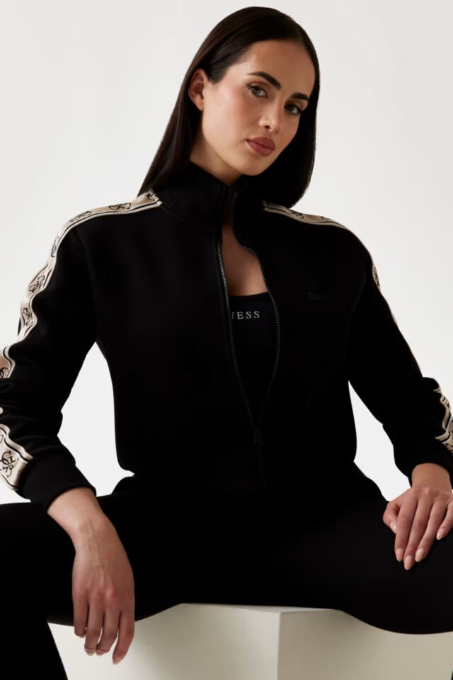 Guess Yan Logo Şeritli Sweatshirt Siyah
