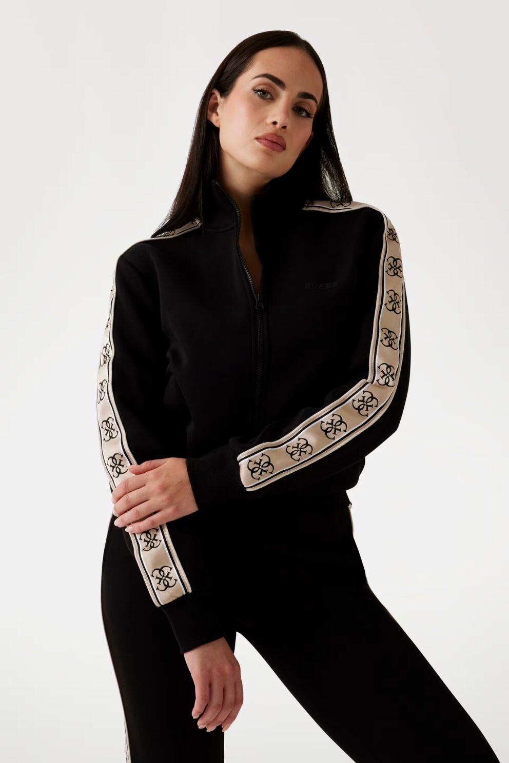 Guess Yan Logo Şeritli Sweatshirt Siyah