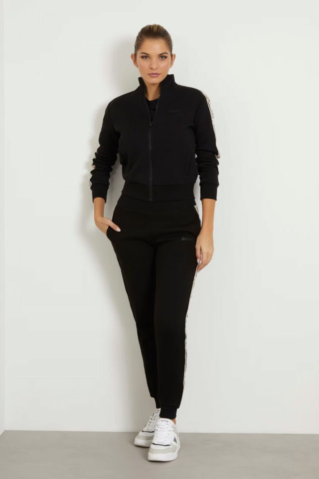Guess Yan Logo Şeritli Sweatshirt Siyah
