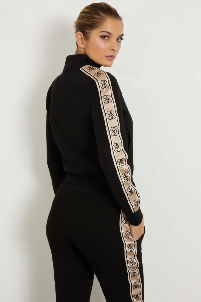 Guess Yan Logo Şeritli Sweatshirt Siyah