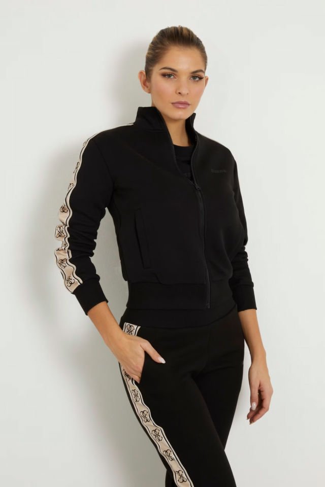 Guess Yan Logo Şeritli Sweatshirt Siyah