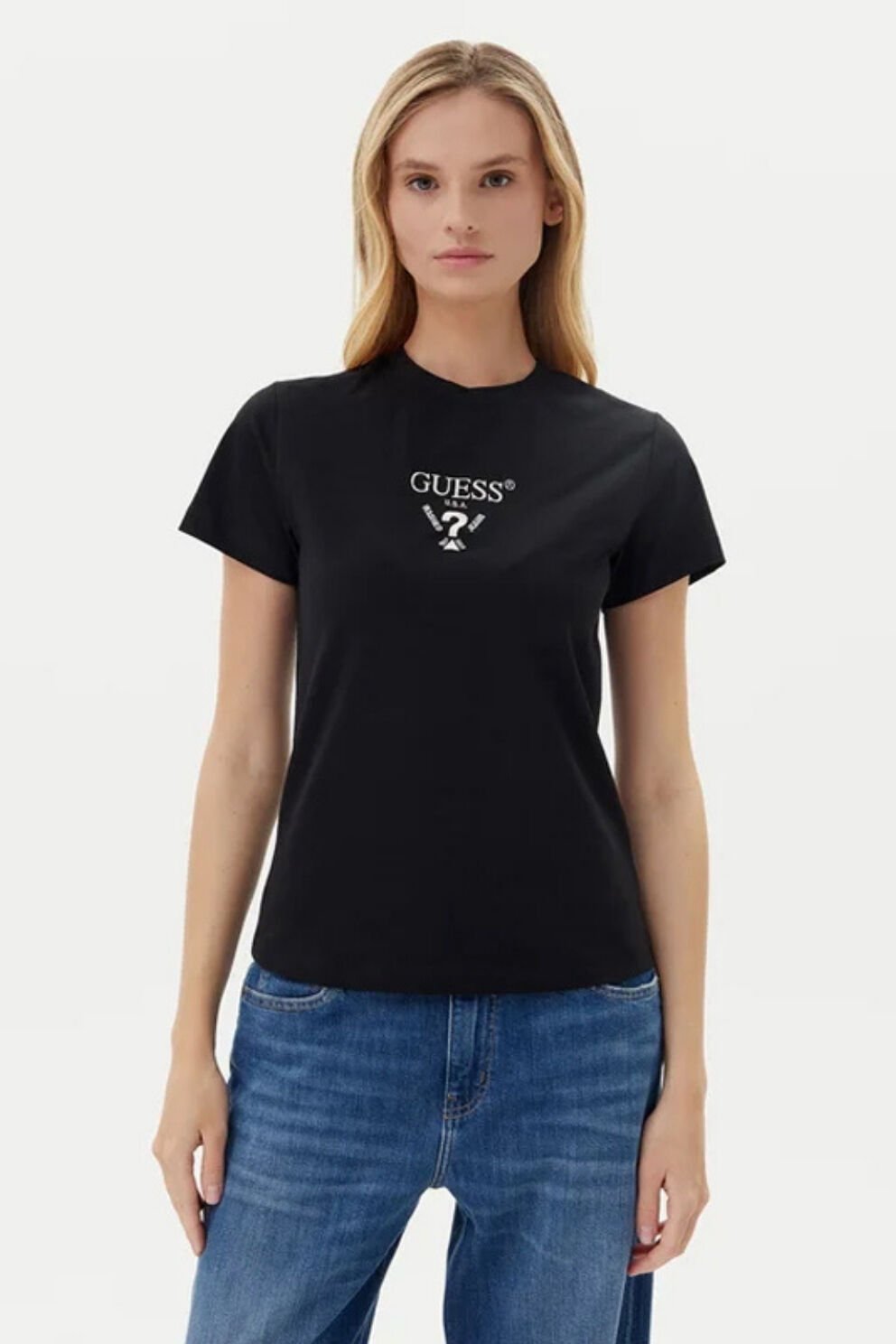 Guess Colette Logolu Streç Pamuklu Slim Fit Bisiklet Yaka Siyah