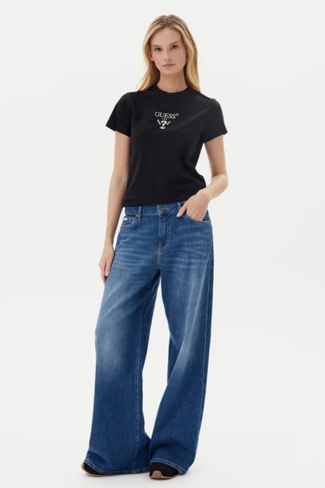 Guess Colette Logolu Streç Pamuklu Slim Fit Bisiklet Yaka Siyah