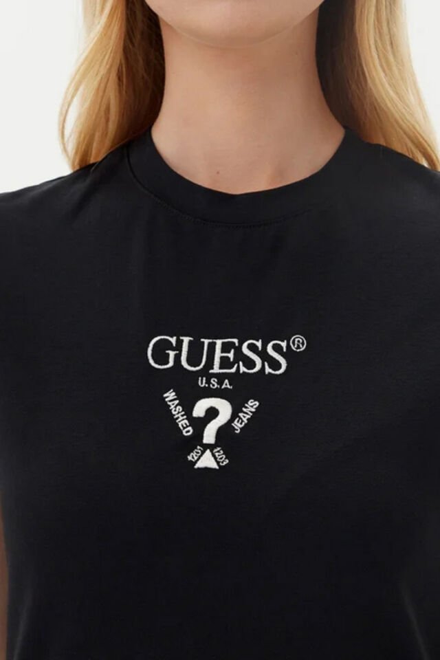 Guess Colette Logolu Streç Pamuklu Slim Fit Bisiklet Yaka Siyah