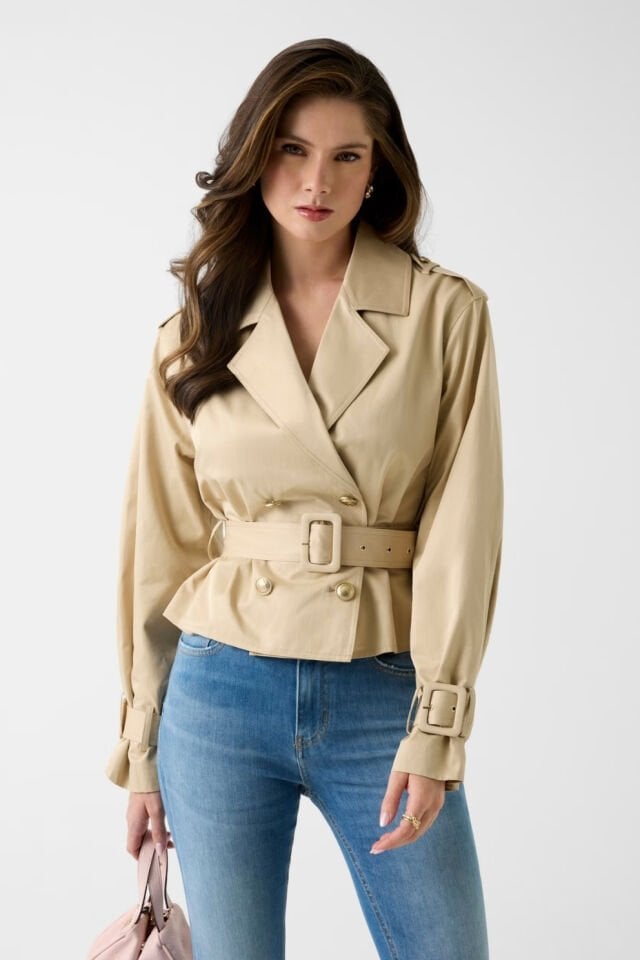 Guess Kemerli Kısa Trençkot Bej