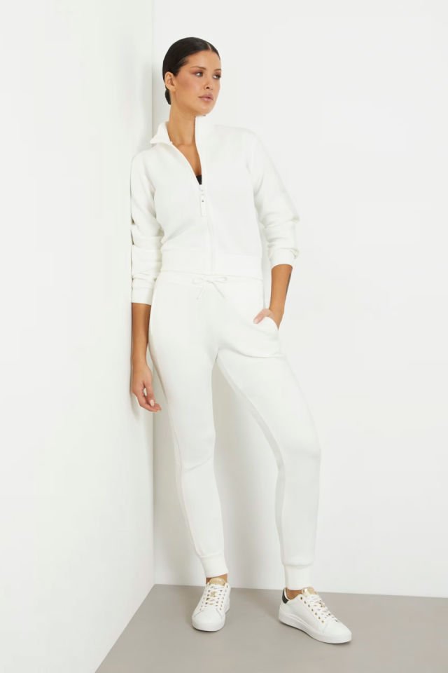 Guess Logo Şeritli Regular Fit Fermuarlı Dik Yaka Bayan Sweat Beyaz