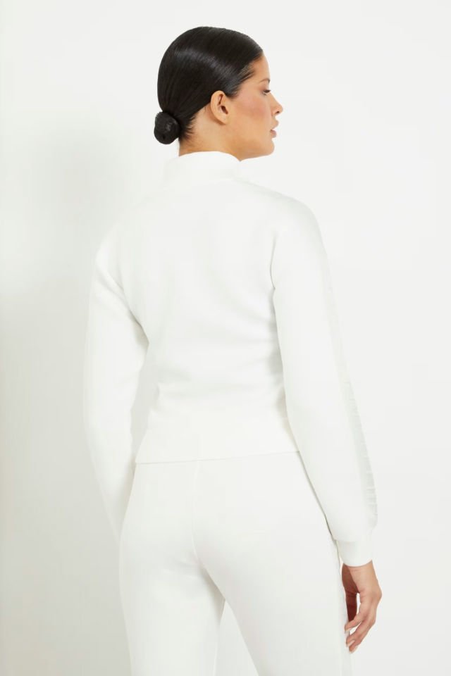 Guess Logo Şeritli Regular Fit Fermuarlı Dik Yaka Bayan Sweat Beyaz