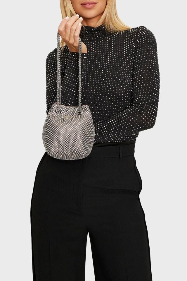 Guess Zalina Taşlı Mini El Çantası Gümüş