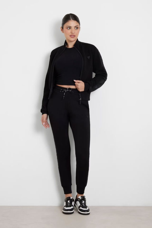 Guess Logo Şeritli Regular Fit Fermuarlı Dik Yaka Bayan Sweat Siyah
