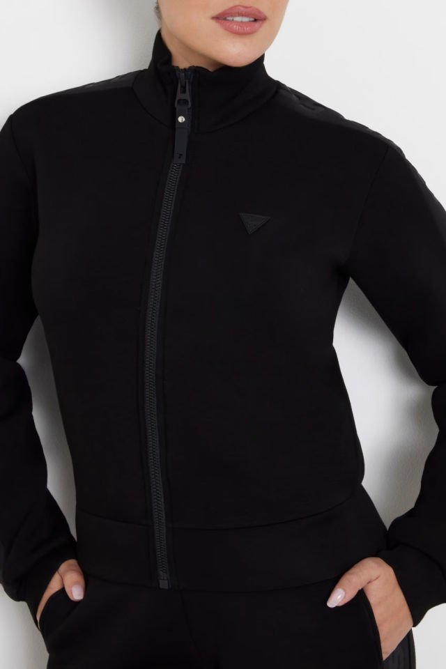 Guess Logo Şeritli Regular Fit Fermuarlı Dik Yaka Bayan Sweat Siyah