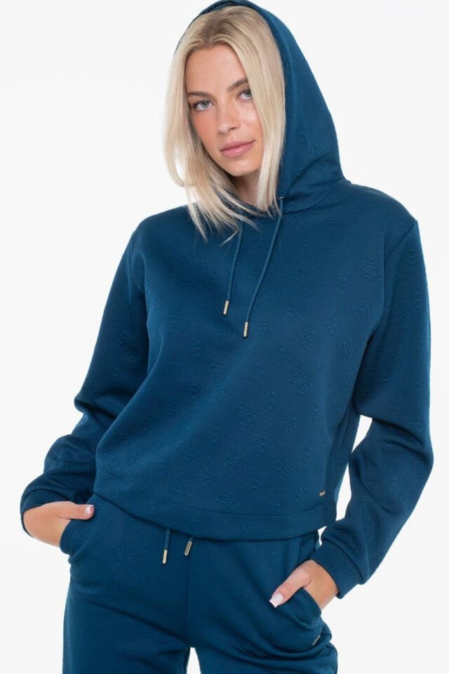 Guess Tamamı Logolu Kapüşonlu Sweatshirt Mavi