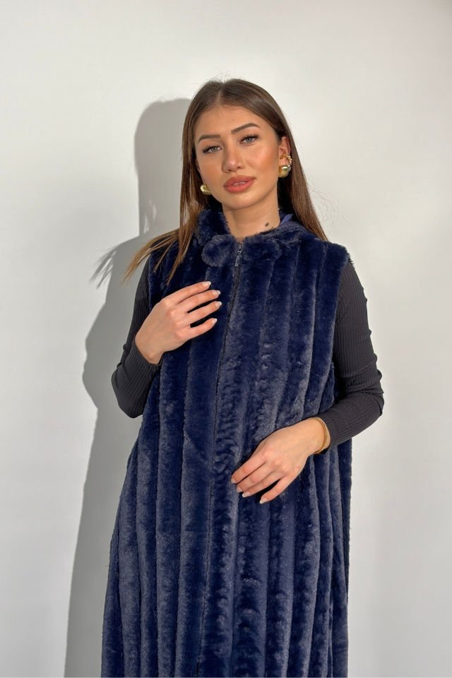 NCL UZUN BOYUNA PELUŞ YELEK LACİVERT
