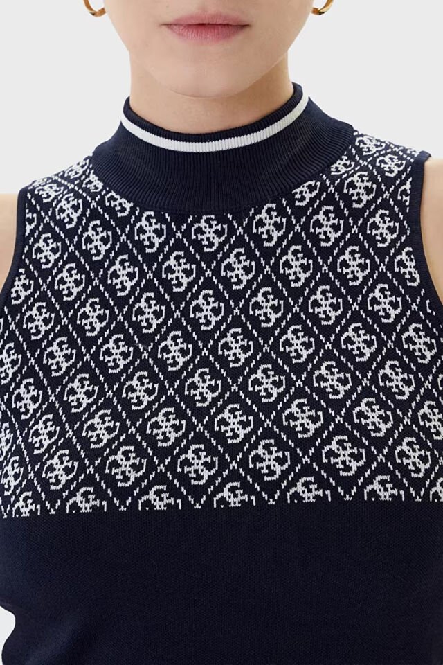 Guess Sl Rn Lise Logolu Slim Fit Triko Bayan Kazak Lacivert