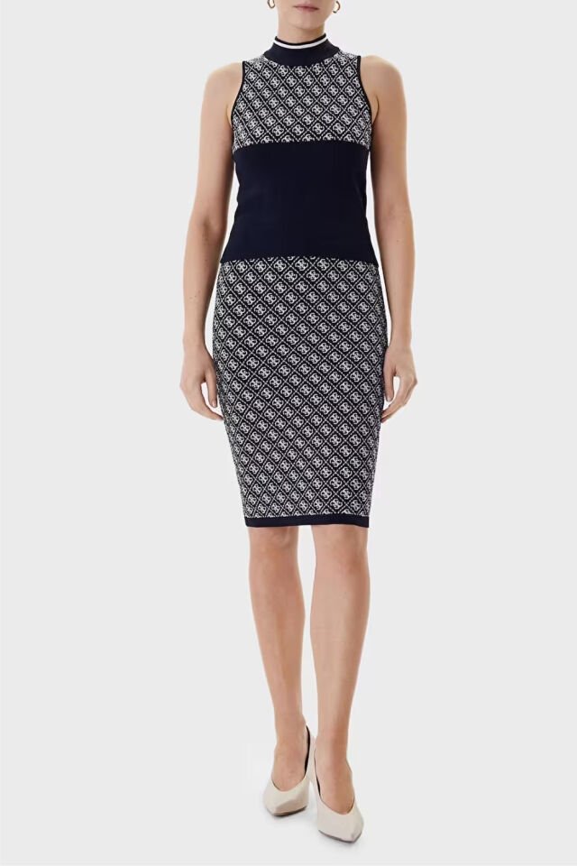 Guess Sl Rn Lise Logolu Slim Fit Triko Bayan Kazak Lacivert