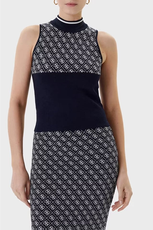 Guess Sl Rn Lise Logolu Slim Fit Triko Bayan Kazak Lacivert