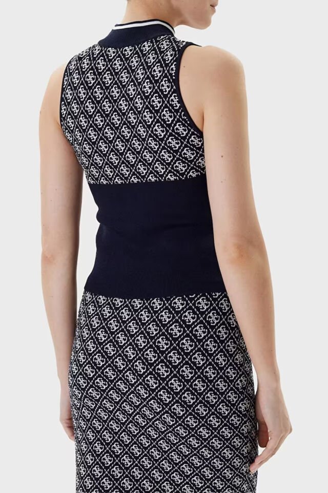 Guess Sl Rn Lise Logolu Slim Fit Triko Bayan Kazak Lacivert