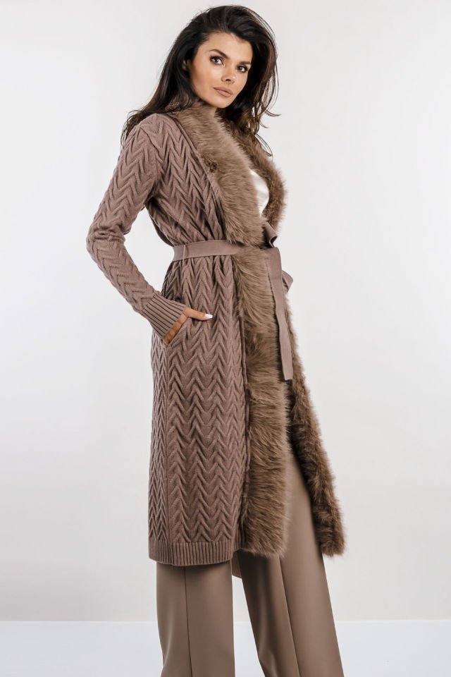 Guess Marciano Suni Kürk Uzun Hırka Kahverengi