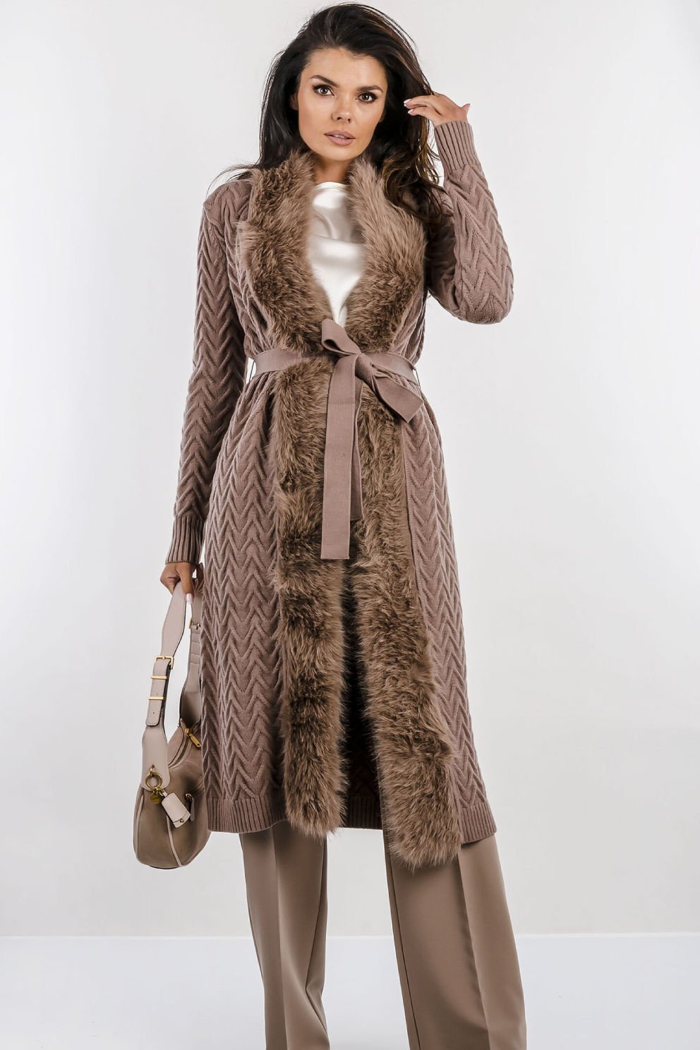 Guess Marciano Suni Kürk Uzun Hırka Kahverengi