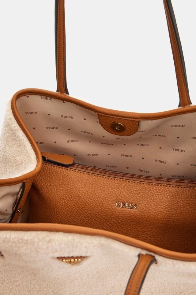 Guess Victoria Suni Kürk Alışveriş Çantası Krem