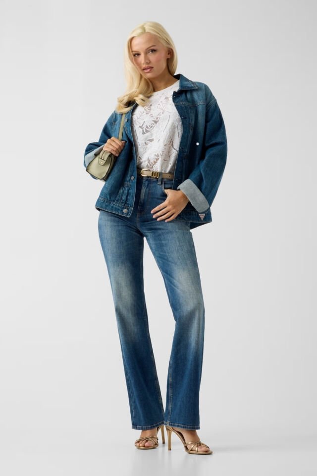 Guess Çiçek Desenli Dantel Tişört Beyaz