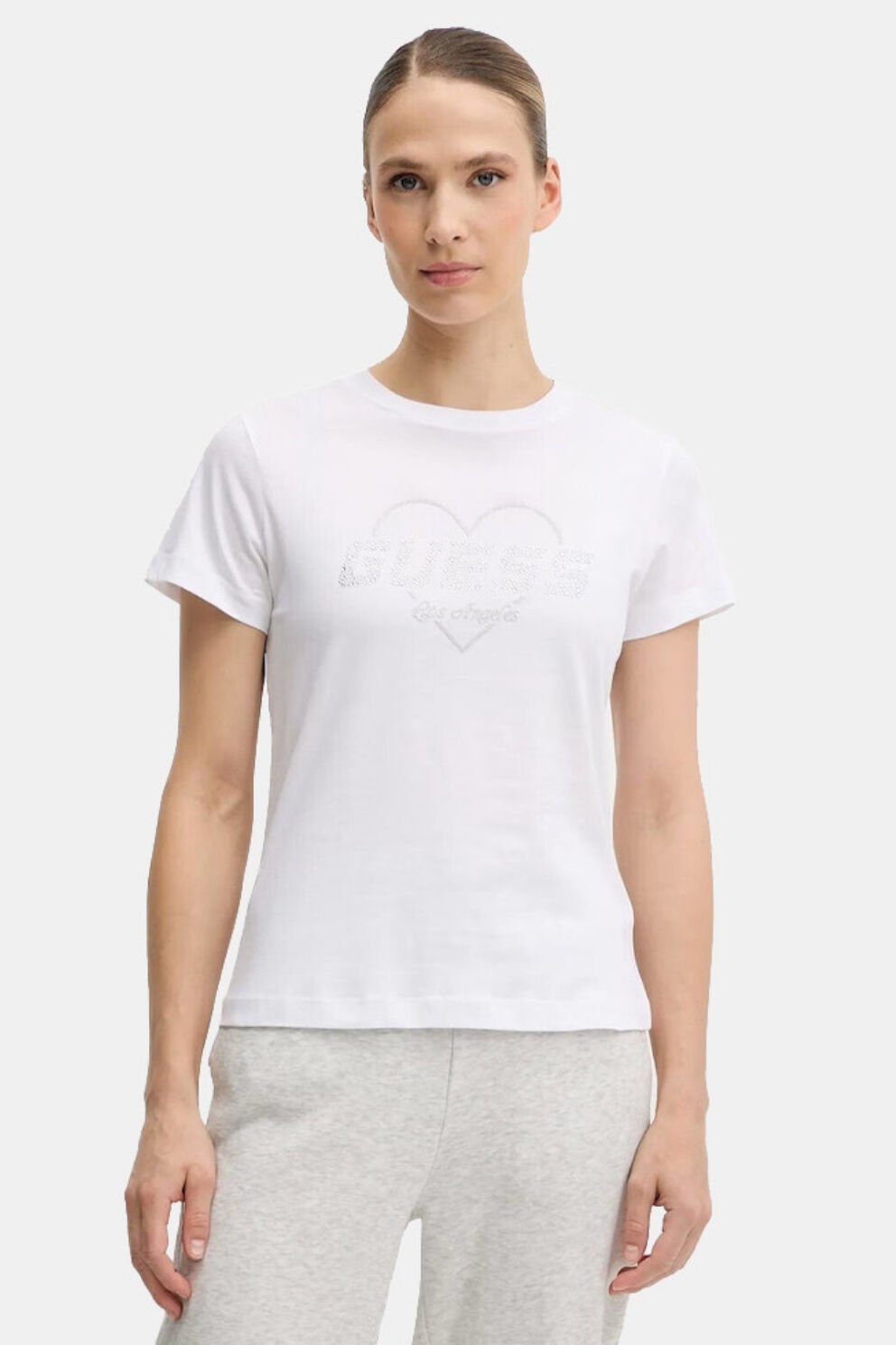 Guess Narciso Taşlı Logo Pamuklu Regular Fit T Shirt Beyaz