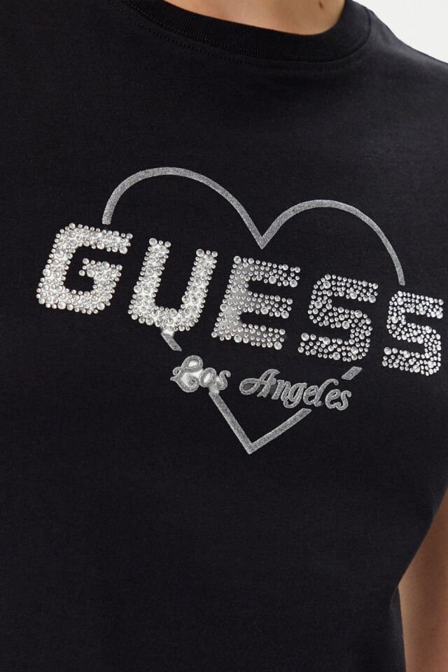 Guess Narciso Taşlı Logo Pamuklu Regular Fit T Shirt Siyah