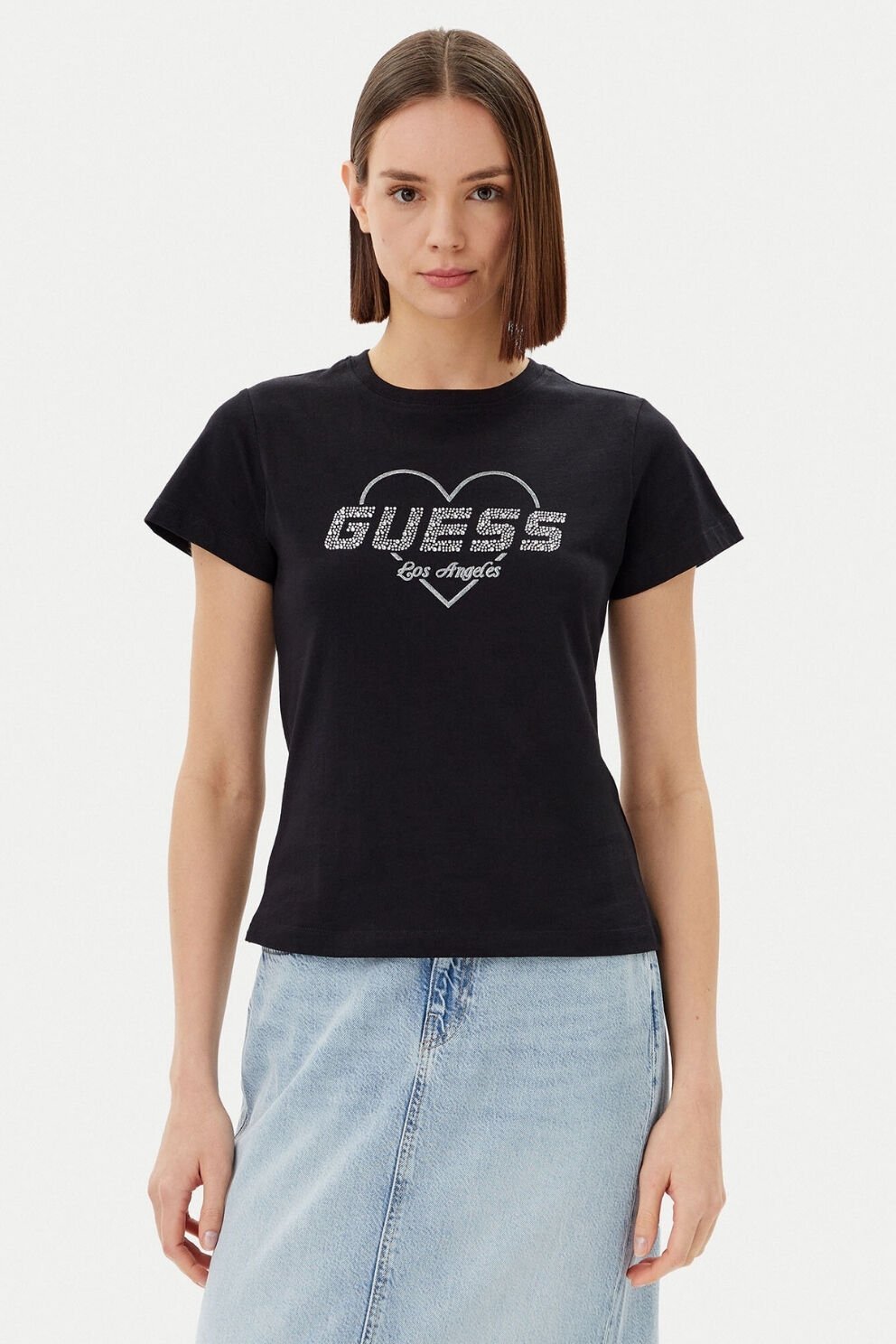 Guess Narciso Taşlı Logo Pamuklu Regular Fit T Shirt Siyah