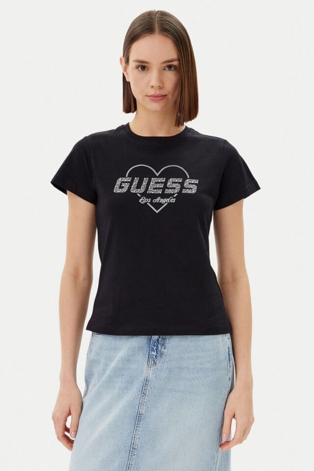 Guess Narciso Taşlı Logo Pamuklu Regular Fit T Shirt Siyah