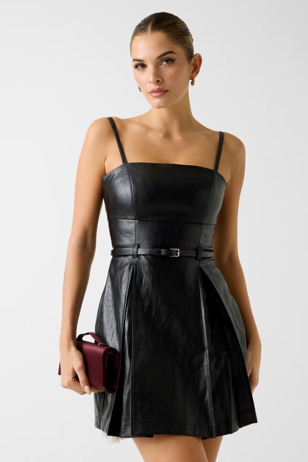 Guess Suni Deri Mini Elbise Siyah