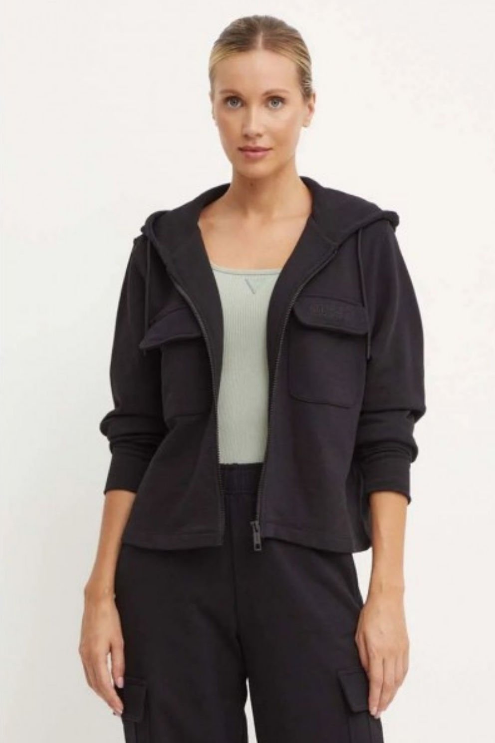 Guess Kadın Spor Kapüşonlu Sweatshirt Ceket Siyah