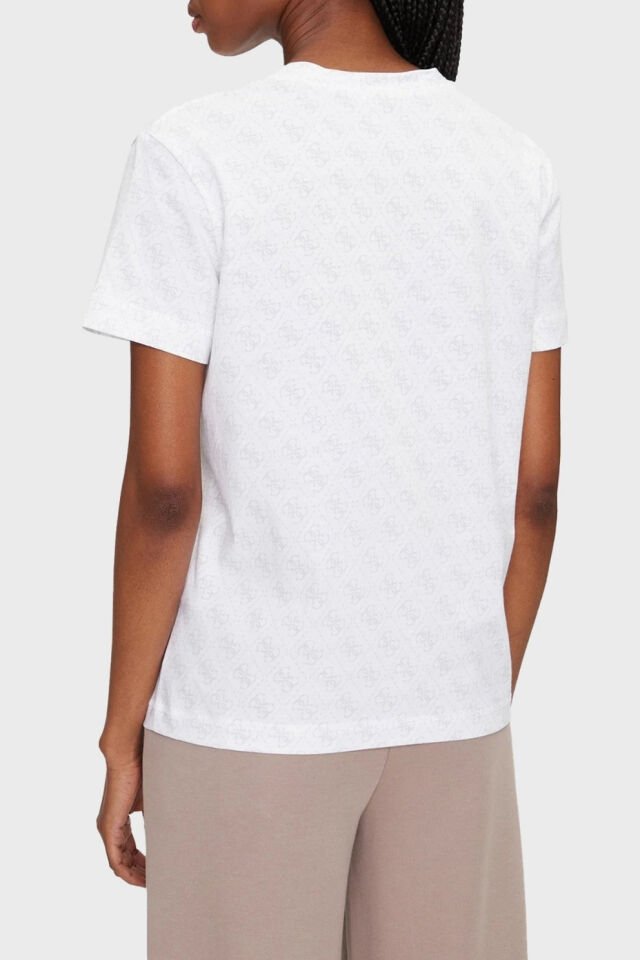 Guess Chrysanta Tamamı 4G Logolu Pamuklu Regular Fit T-Shirt Beyaz