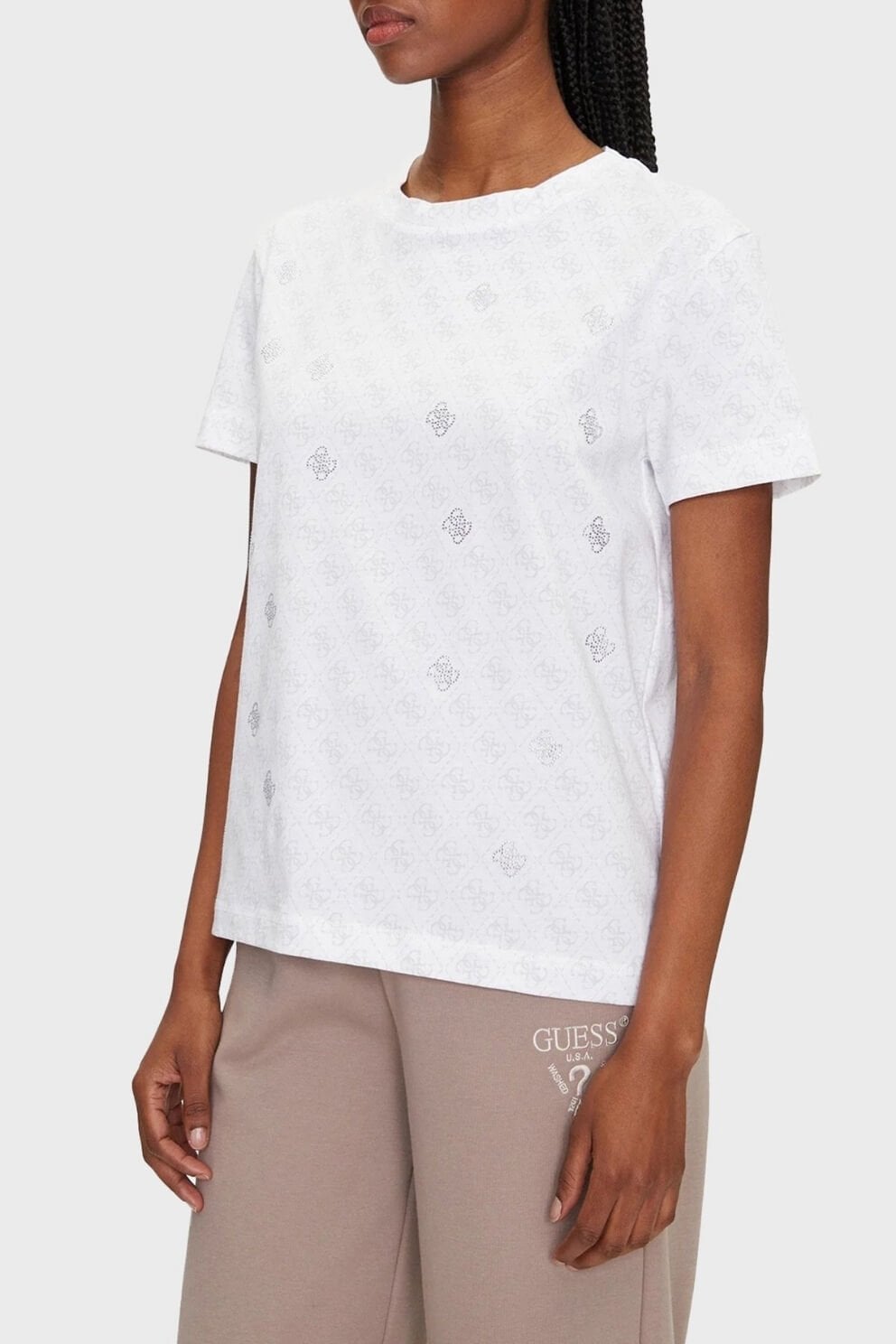 Guess Chrysanta Tamamı 4G Logolu Pamuklu Regular Fit T-Shirt Beyaz