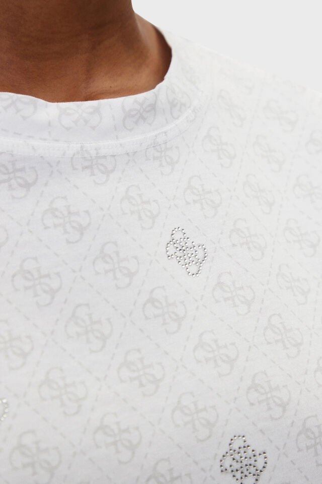 Guess Chrysanta Tamamı 4G Logolu Pamuklu Regular Fit T-Shirt Beyaz