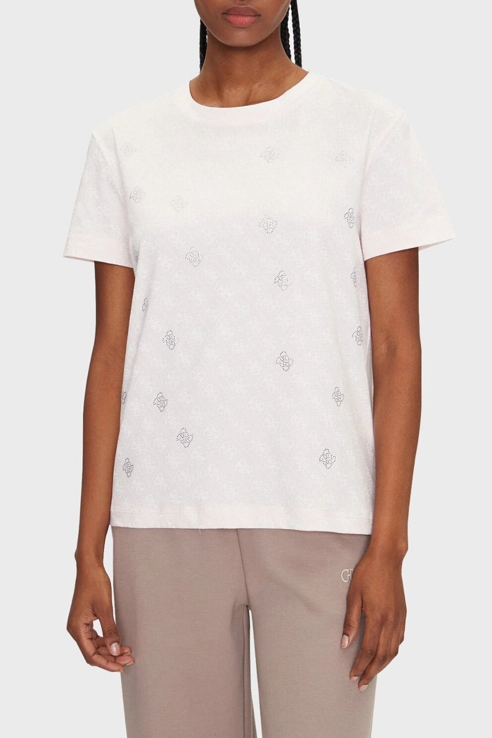 Guess Chrysanta Tamamı 4G Logolu Pamuklu Regular Fit T-Shirt Açık Pembe