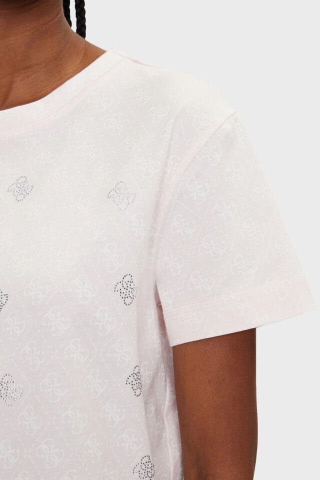 Guess Chrysanta Tamamı 4G Logolu Pamuklu Regular Fit T-Shirt Açık Pembe