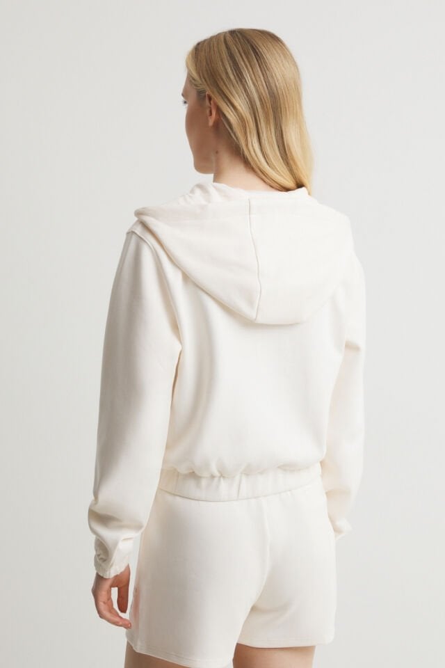 Guess Örme Giyim Kapüşonlu Kısa Kesimli Tam Fermuarlı Sweatshirt Krem