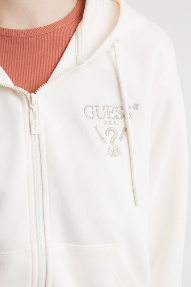 Guess Örme Giyim Kapüşonlu Kısa Kesimli Tam Fermuarlı Sweatshirt Krem