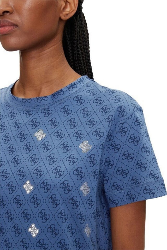 Guess Chrysanta Tamamı 4G Logolu Pamuklu Regular Fit T-Shirt Lacivert