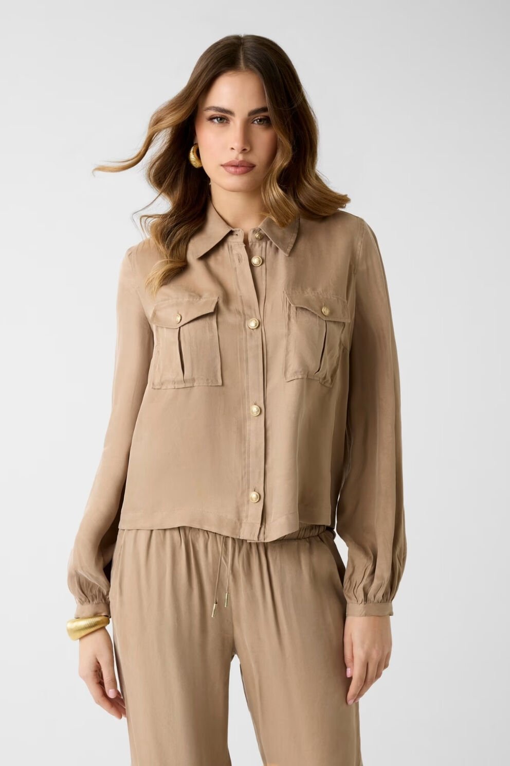 Guess Viscose Karışımlı Gömlek Bej