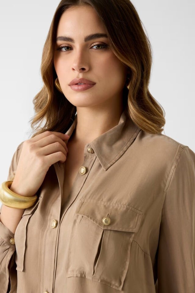 Guess Viscose Karışımlı Gömlek Bej