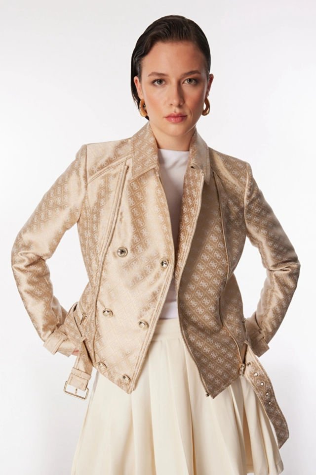 Guess Olivia Regular Fit Biker Bayan Ceket Krem