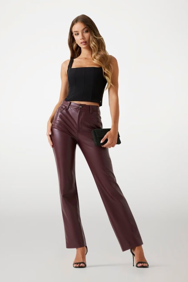 Guess Suni Deri Pantolon Bordo