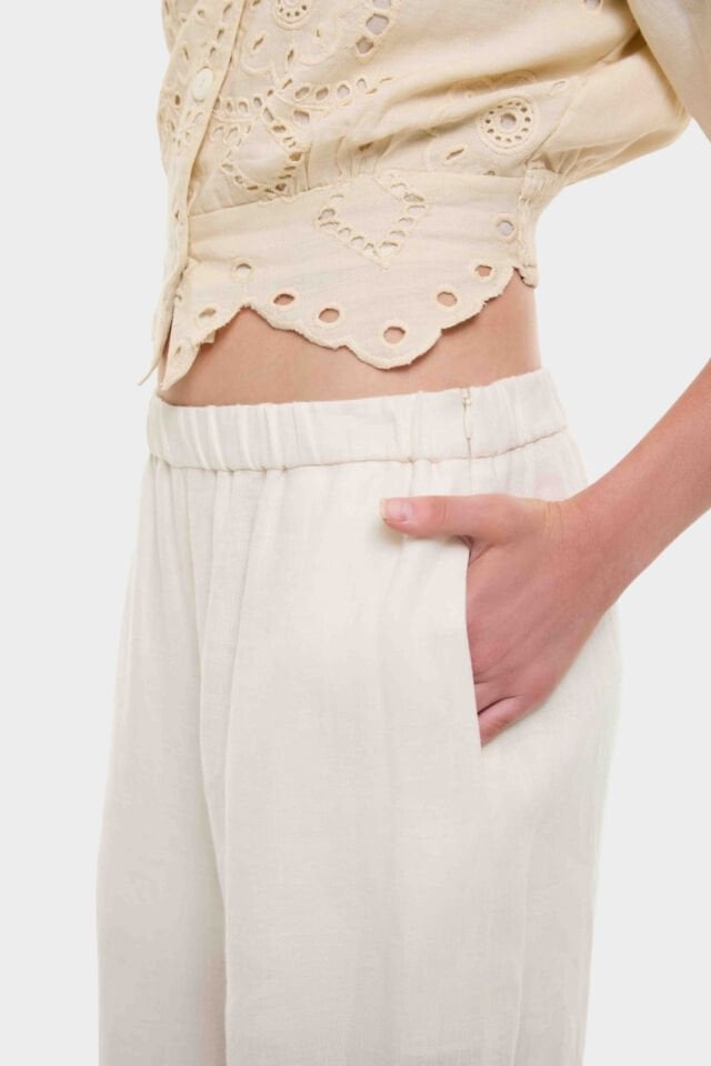 Roman Geniş Paça Keten Pantolon Ekru