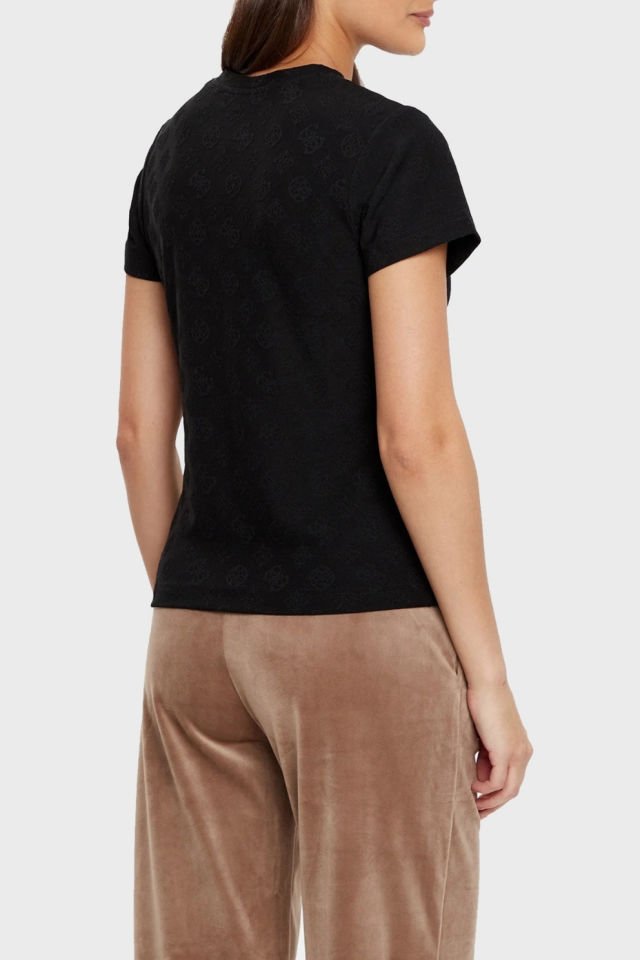 Guess 4G ve Peony Logo Desenli T- shirt Siyah