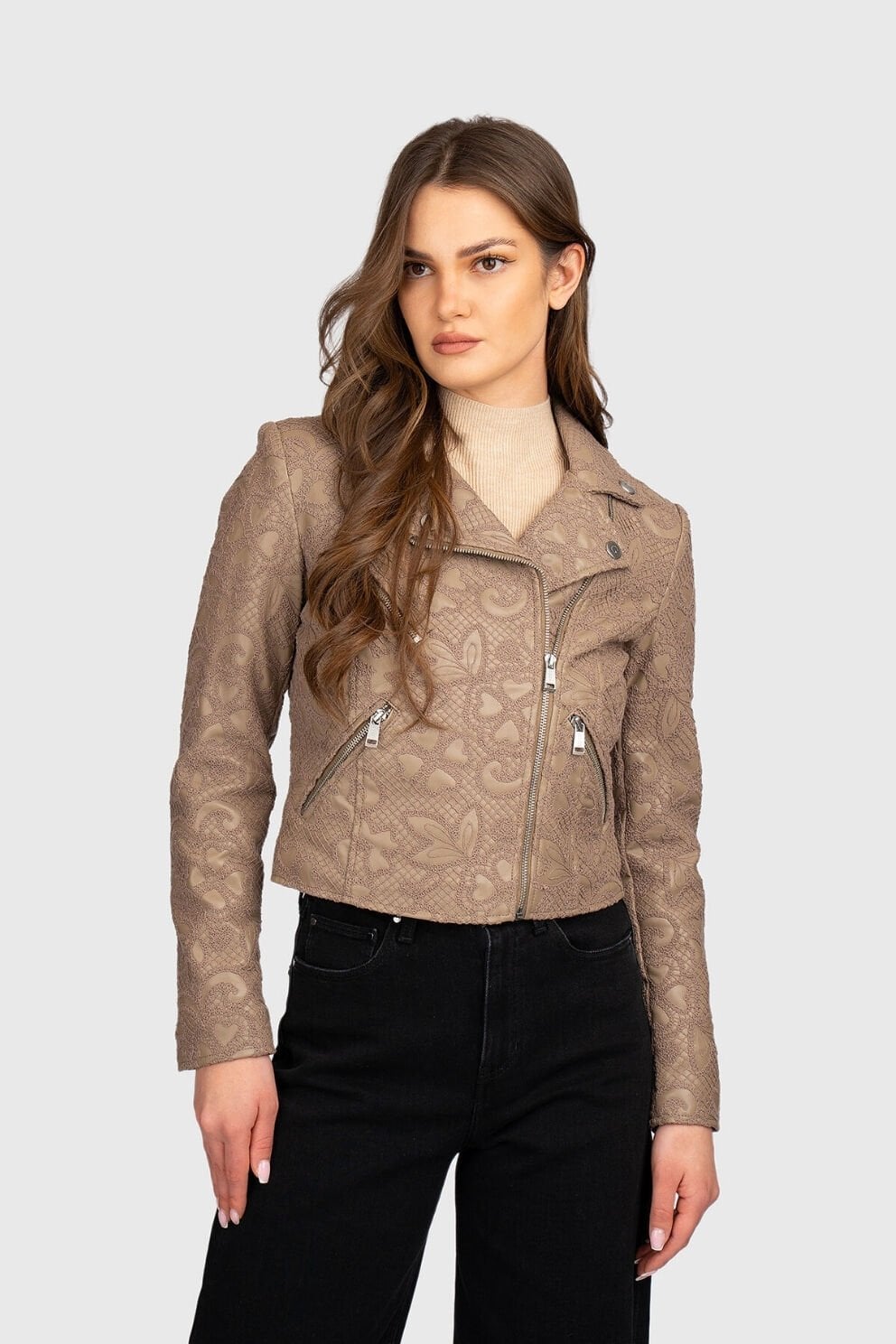 Guess Çiçek İşlemeli Suni Deri Ceket Bej